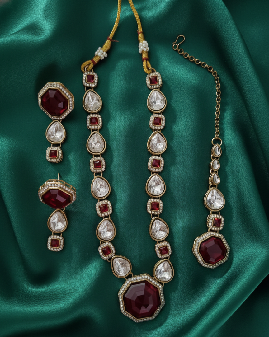 Deep Maroon Kundan Necklace Set with Earring